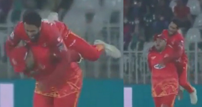 During a jumping attempt on Azam Khan, Hasan Ali falls to the ground